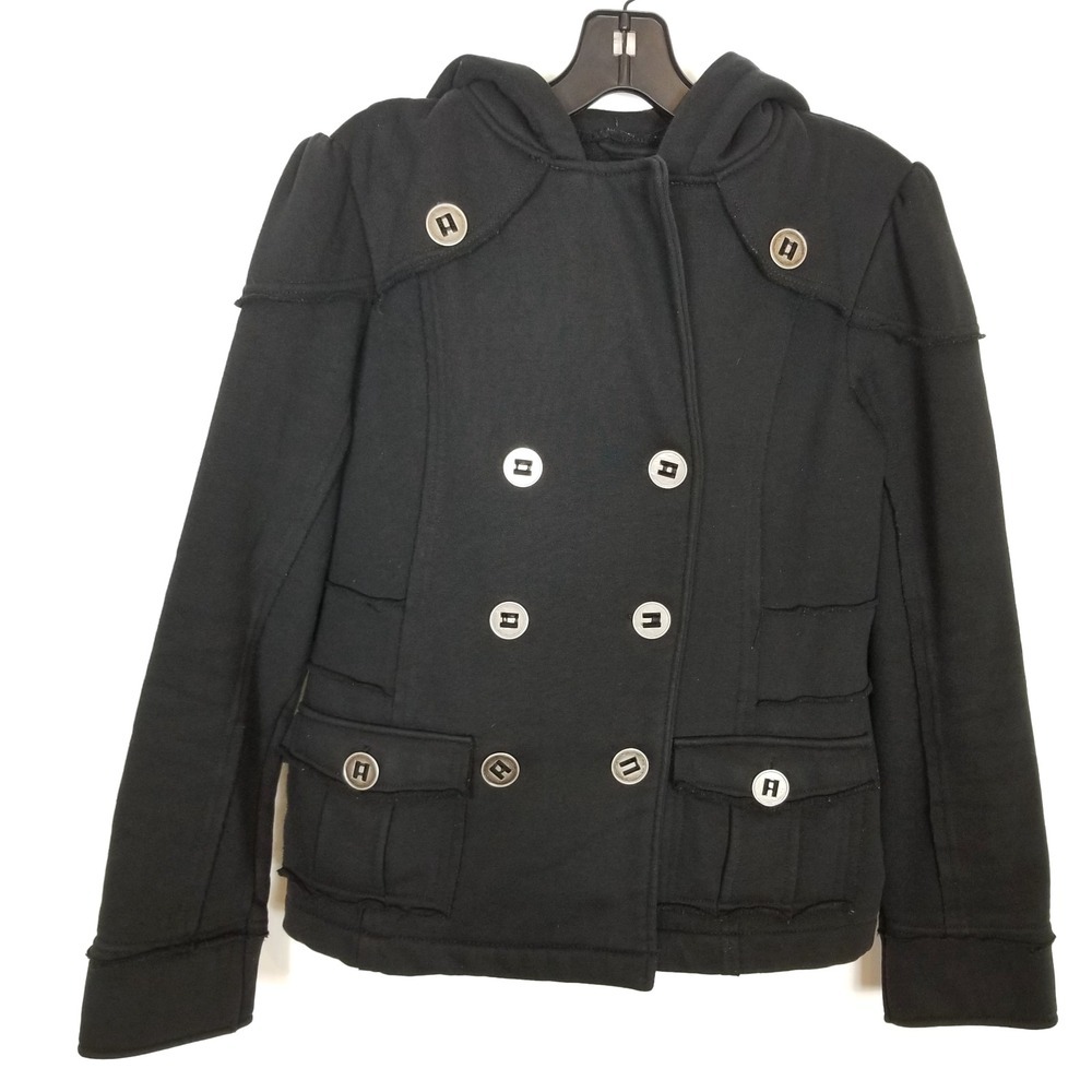Sugarfly Women Double Breasted Hooded Jacket Sz S Black Short Pockets Ponte